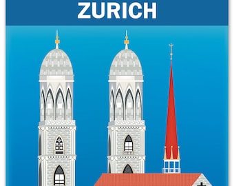 Zurich Skyline Art Print, Grossmünster, Zurich Art, Swiss Wall Art, Zurich Switzerland Print, Zurich City Poster style E8-O-ZUR