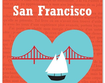 San Francisco Skyline Heart  Art Print Poster, SF Bay Heart Wall Decor, Loose Petals Art Gift for nursery, valentines  - style E8-O-SF16