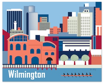 Wilmington Print, Delaware Skyline Art Print from Loose Petals Collection, Wilmington DE Artwork for Office, Child's Room - style E8-O-WIL