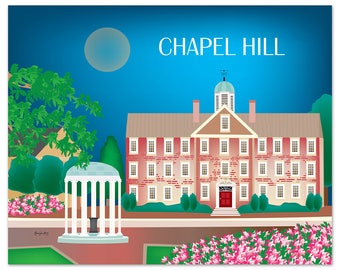 Impression de Chapel Hill, art de la ligne d'horizon de la Caroline du Nord, impression horizontale, art du dortoir de Chapel Hill, mariage de Chapel Hill, cadeau de diplômé, style E8-O-CHA-NC