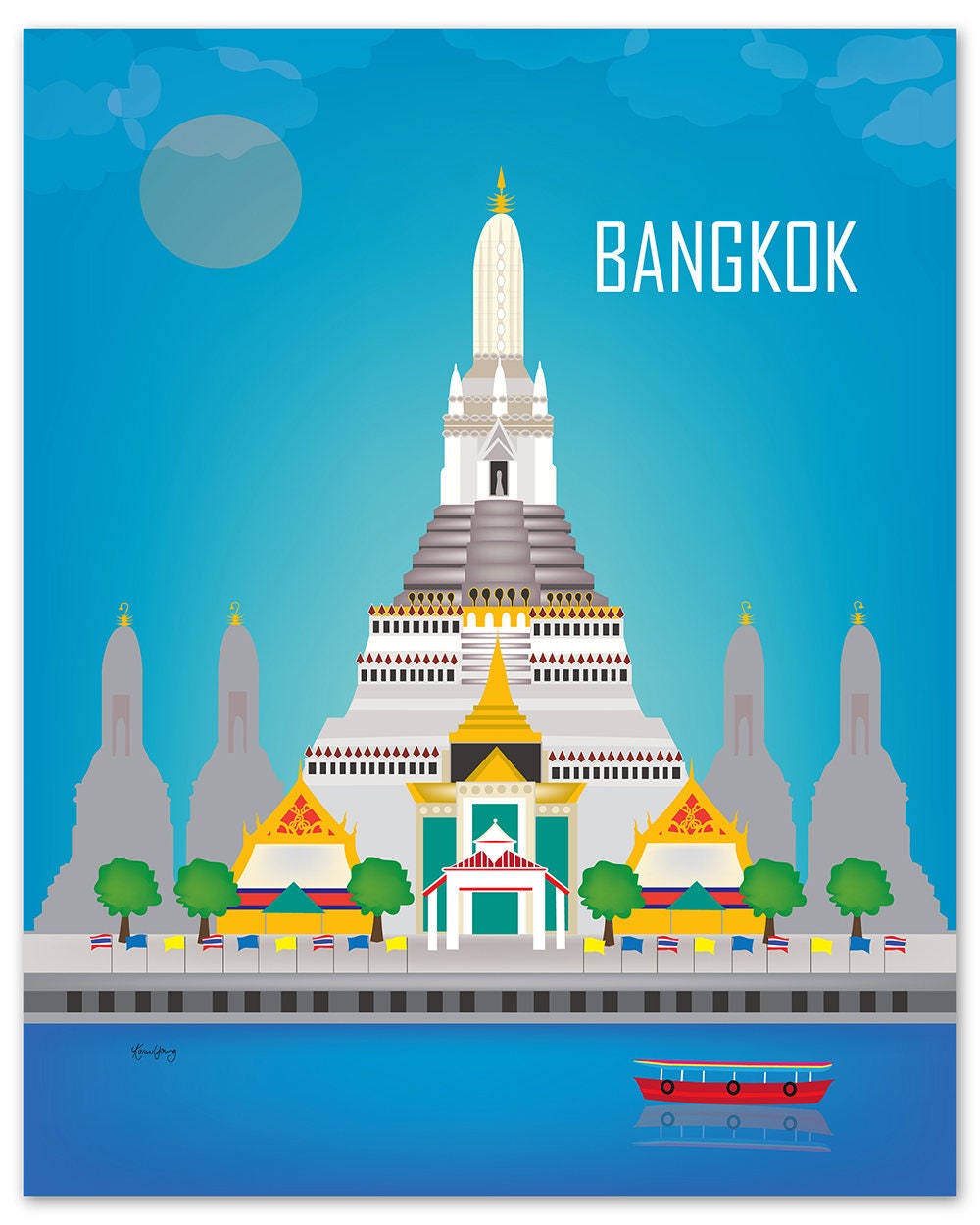 Bangkok Skyline Art Print, Wat Arun Thailand Travel Poster, Bangkok map print, Vertical Wall Art Thai Art Gifts, Loose Petals style E8-O-BAN