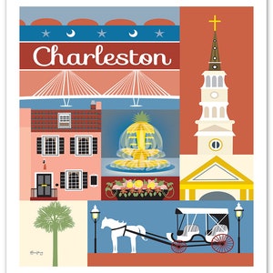 Charleston SC Art, Charleston SC map, Charelston sc skyline print, Charleston Rainbow Row art print, Charelston sc art style E8-O-CHARL image 3