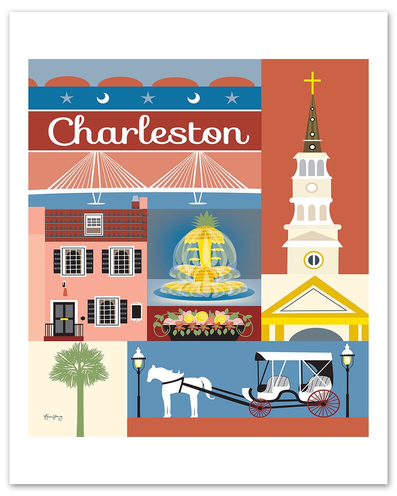 Charleston SC Art, Charleston SC map, Charelston sc skyline print, Charleston Rainbow Row art print, Charelston sc art style E8-O-CHARL image 3