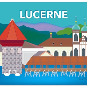 May include: A colorful illustration of the city of Lucerne, Switzerland. The image features a red-roofed tower, a bridge with wooden supports, and a church with two blue domes. The text "LUCERNE" is displayed in white letters at the top of the image.