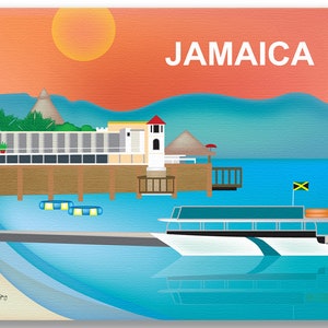 May include: A colorful illustration of a tropical scene with a boat, a pier, and a building. The sky is orange and pink, and the water is blue. The text "JAMAICA" is written in white letters at the top of the image.