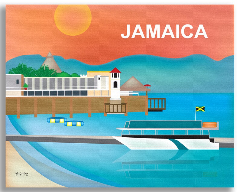 May include: A colorful illustration of a tropical scene with a boat, a pier, and a building. The sky is orange and pink, and the water is blue. The text "JAMAICA" is written in white letters at the top of the image.