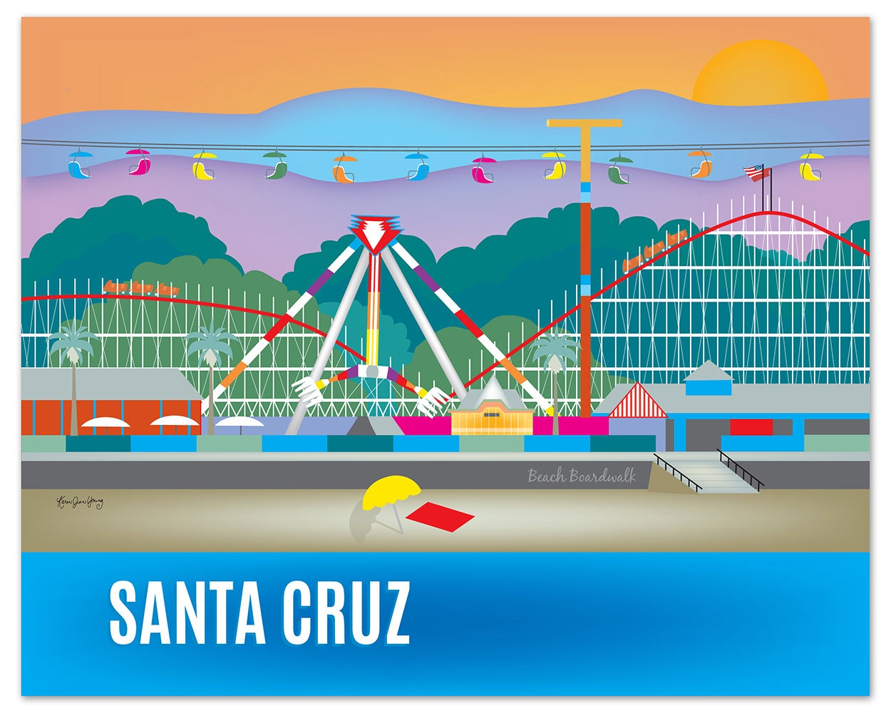 Santa Cruz Print, Santa Cruz Wall Art, Santa Cruz Travel Print, Santa Cruz Beach Boardwalk Poster Art, Loose Petals - style E8-O-SANTA-CRU