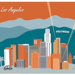 Los Angeles Skyline, Hollywood Wall Art, Hollywood Poster, California Retro Print,  horizontal Los Angeles art Orange/Rust print, E8-O-LA3