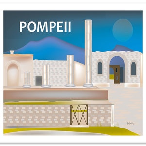 May include: A digital illustration of the ruins of Pompeii, Italy. The image features a white building with a large archway, a row of columns, and a mountain in the background. The text "POMPEII" is written in white letters at the top of the image.