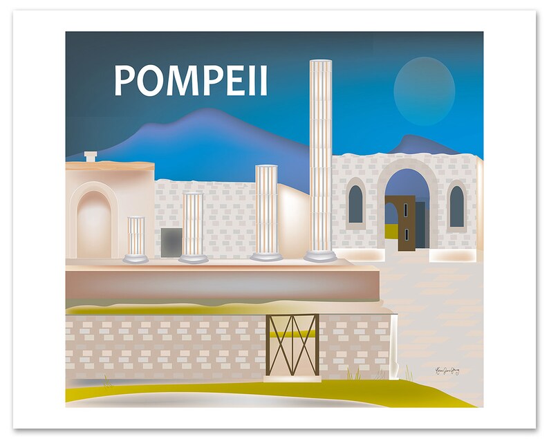May include: A digital illustration of the ruins of Pompeii, Italy. The image features a white building with a large archway, a row of columns, and a mountain in the background. The text "POMPEII" is written in white letters at the top of the image.