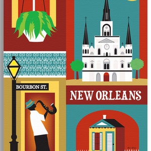 May include: A colorful illustration of New Orleans, Louisiana. The image features a street scene with a street lamp, a sign that reads "Bourbon St.", a jazz musician playing a saxophone, a church with a tall steeple, and a small house with a white picket fence. The text "NEW ORLEANS" is displayed in large letters.