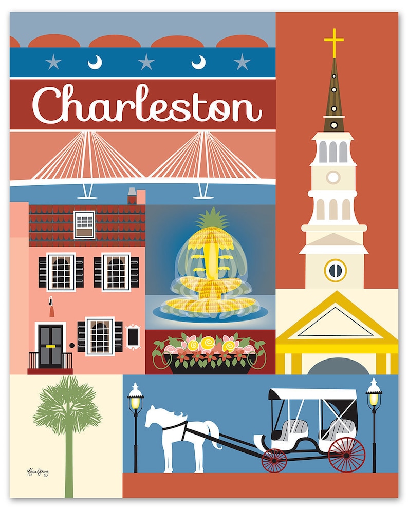 Charleston SC Art, Charleston SC map, Charelston sc skyline print, Charleston Rainbow Row art print, Charelston sc art style E8-O-CHARL image 1