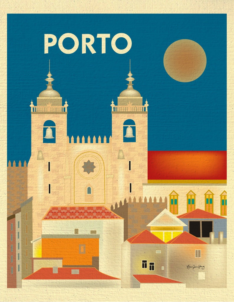 May include: A vintage travel poster with a blue background featuring a yellow and orange illustration of the Porto Cathedral in Portugal. The text "PORTO" is in white at the top of the poster.