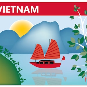 Stampa artistica dello skyline del Vietnam, stampa artistica dello skyline della baia di Halong, arte di viaggio retrò del Vietnam, arredamento vietnamita, città di petali sciolti - stile E8-O-VIE