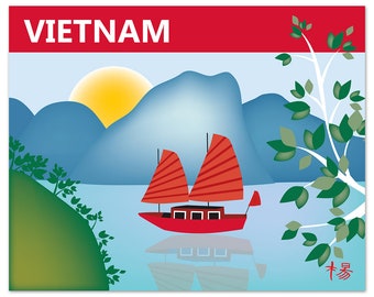 Vietnam Skyline Art Print, Halong Bay Skyline Art Print, Vietnam Retro Travel Art,  Vietnamese decor, Loose Petals City -  style E8-O-VIE