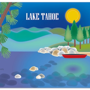 Impresión artística del horizonte del lago Tahoe, regalo de arte de pared del lago Tahoe, mapa del lago Tahoe, impresión artística de la ciudad de pétalos sueltos del lago Tahoe CA - estilo E8-O-LAK