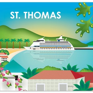 St. Thomas Skyline Print, St. Thomas Wall Art, St. Thomas Travel Print, St. Thomas US Virgin Island, Caribbean - style E8-O-ST-THOM