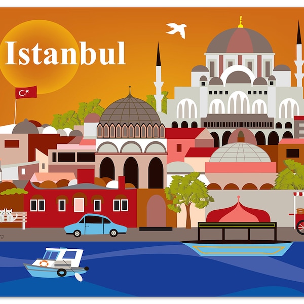 Istanbul Skyline Art Print, Turkish Art, Istanbul Turkey Travel Poster, Istanbul horizontal print, Istanbul Art Gift, canvas style E8-O-IST