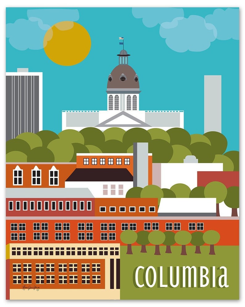 Columbia SC Skyline Print, Columbia sc art, Columbia SC Capitol Wall Art, sc Wedding Baby Gift, Loose Petals City Art Print, style E8-O-COLU image 1