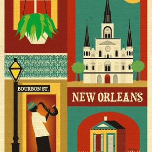May include: A colorful illustration of New Orleans, Louisiana. The image features a church, a street lamp, a musician playing a saxophone, and a small house with a picket fence. The text "Bourbon St." and "New Orleans" are also included in the image.