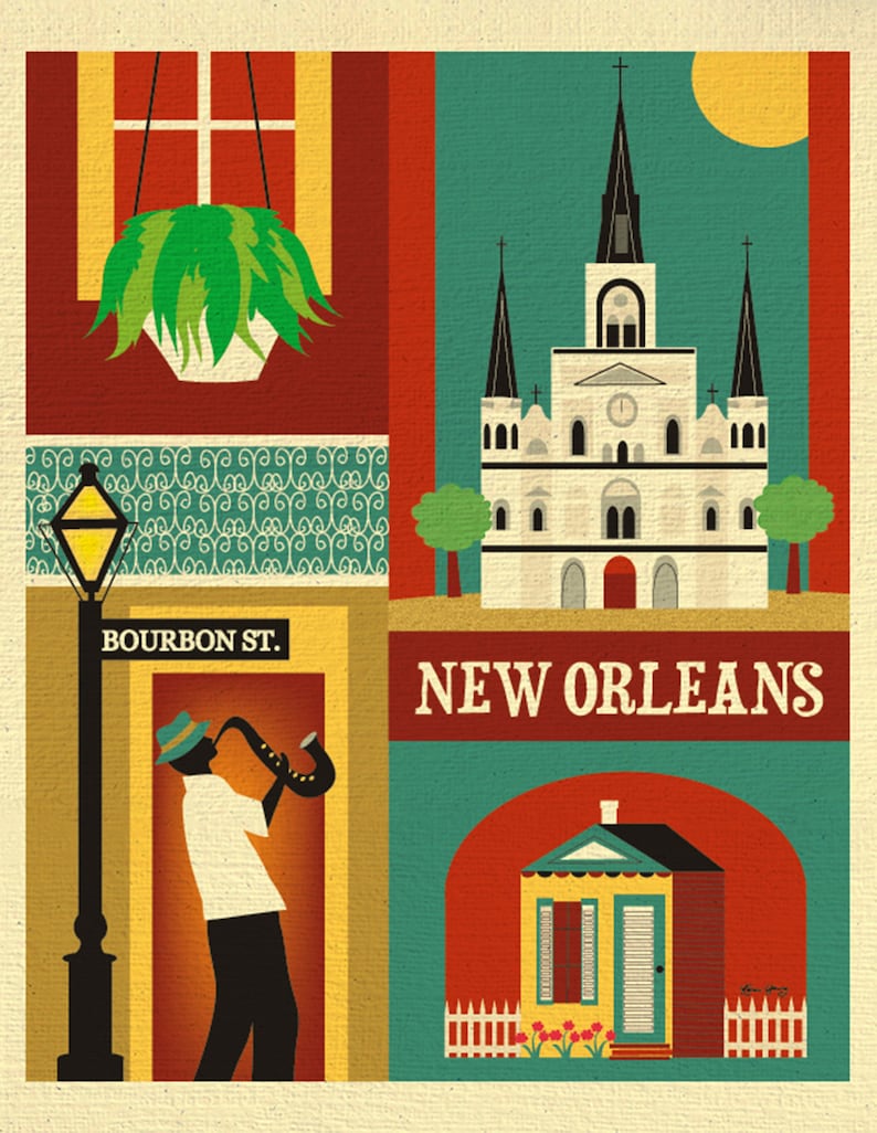 May include: A colorful illustration of New Orleans, Louisiana. The image features a church, a street lamp, a musician playing a saxophone, and a small house with a picket fence. The text "Bourbon St." and "New Orleans" are also included in the image.