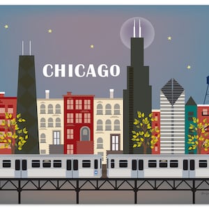 Impresión artística del horizonte de Chicago, arte mural de Chicago, póster retro de Chicago, impresión de línea marrón de Chicago, impresión artística de ciudad horizontal para regalo, estilo E8-O-CHI5