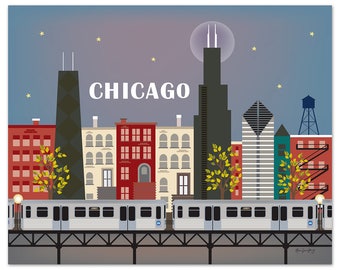 Op de afbeelding: Een gestileerde illustratie van de skyline van Chicago 's nachts met een trein op de voorgrond. De skyline omvat de Willis Tower, het John Hancock Center en andere opvallende gebouwen. De trein is een zilveren L-trein met blauwe accenten. De lucht is donkerblauw met witte sterren en een volle maan.