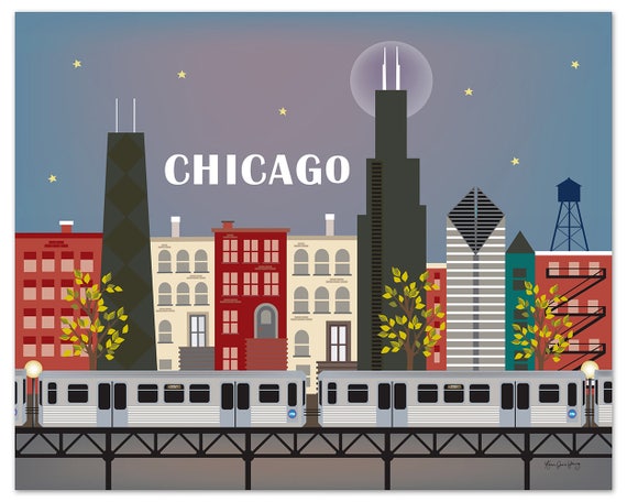Chicago Skyline Art Print, Chicago Wall Art, Chicago Retro Poster, Chicago Brown Line Print, Horizontal City Art Print Gift, style E8-O-CHI5