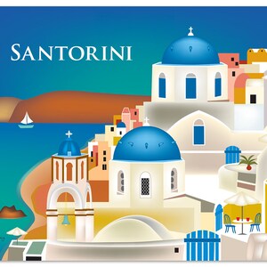 Santorini Skyline Kunstdruck, Griechenland Retro Reisedruck, Santorini Wandkunst, Santorini Griechenland horizontale Kunst, griechische Kunst - Stil E8-O-SANTOR