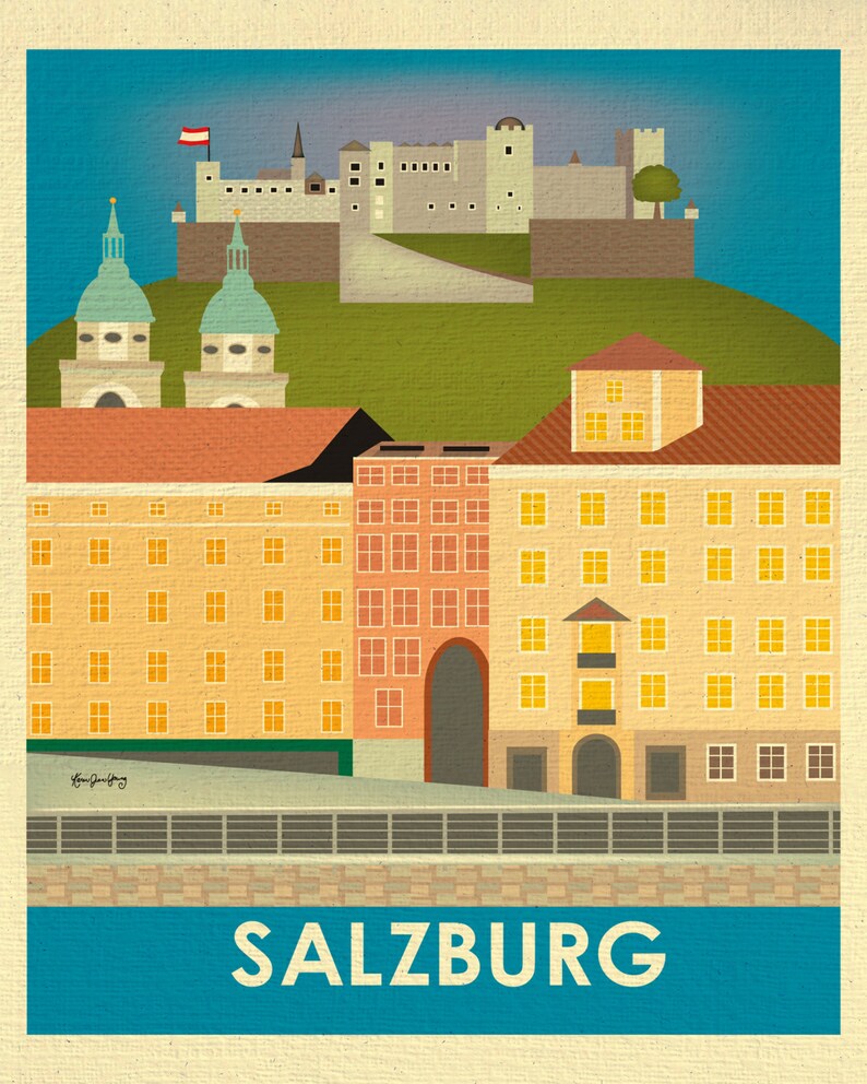 May include: A colorful illustration of the city of Salzburg, Austria. The image features a fortress on a hilltop, a river, and several buildings in the city. The text "SALZBURG" is displayed at the bottom of the image.