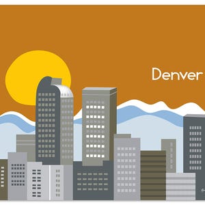 Denver Skyline Art Print, Colorado Poster, Denver Rocky Mountain Art Print, Horizontal Travel Art, Loose Petals City Art style E8-O-DEN image 1