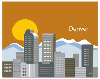 Denver Skyline Art Print, Colorado Poster, Denver Rocky Mountain Art Print, Horizontal Travel Art, Loose Petals City Art - style -  E8-O-DEN