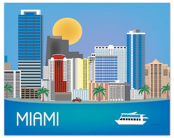 Impresión artística del horizonte de Miami, mapa de Miami, arte del estado de Florida, Miami horizontal, vivero de arte de Miami, impresión artística de la ciudad de pétalos sueltos, estilo E8-O-MIA