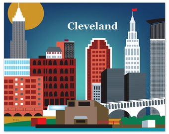 Cleveland Art Print, Cleveland Skyline,  Cleveland Map, Cleveland Skyline, Cleveland Ohio,  Cleveland Poster, Ohio decor - style - E8-O- CLE