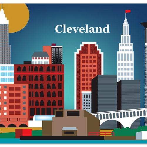 Cleveland Art Print Cleveland Skyline Cleveland Map Etsy
