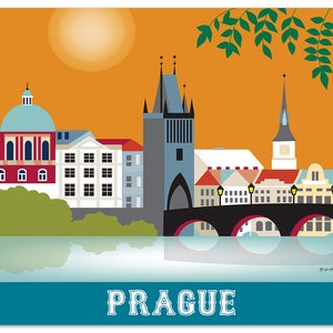 Prague Skyline Print, Prague Art, Czech Republic Wall Art, Retro Prague horizontal Travel Artwork, Prague Art Print, Gift  - style E8-O-PRA
