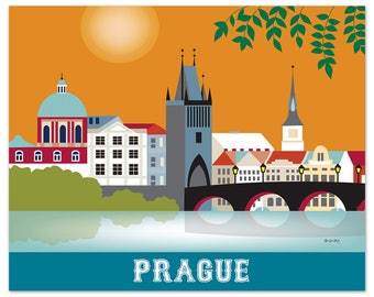 Prague Skyline Print, Prague Art, Czech Republic Wall Art, Retro Prague horizontal Travel Artwork, Prague Art Print, Gift  - style E8-O-PRA