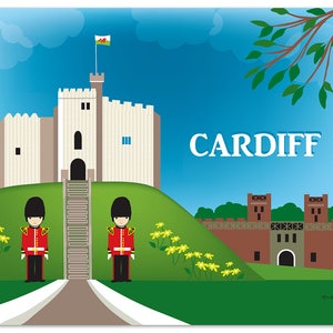 Impresión del horizonte de Cardiff, arte del castillo de Gales, impresión artística galesa, arte de pared horizontal de Cardiff, arte de guardería galés, ciudad de pétalos sueltos - estilo E8-O-CAR