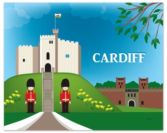 Cardiff Skyline Print, Wales Castle Art, Welsh Art Print, Cardiff Horizontal Wall art, Welsh Nursery Art, Loose Petals City - style E8-O-CAR