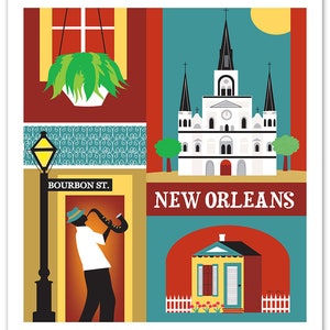 May include: A colorful illustration of New Orleans, Louisiana. The image features a white church with a tall steeple, a street lamp with the text "Bourbon St.", a musician playing a saxophone, and a small yellow house with a white picket fence.