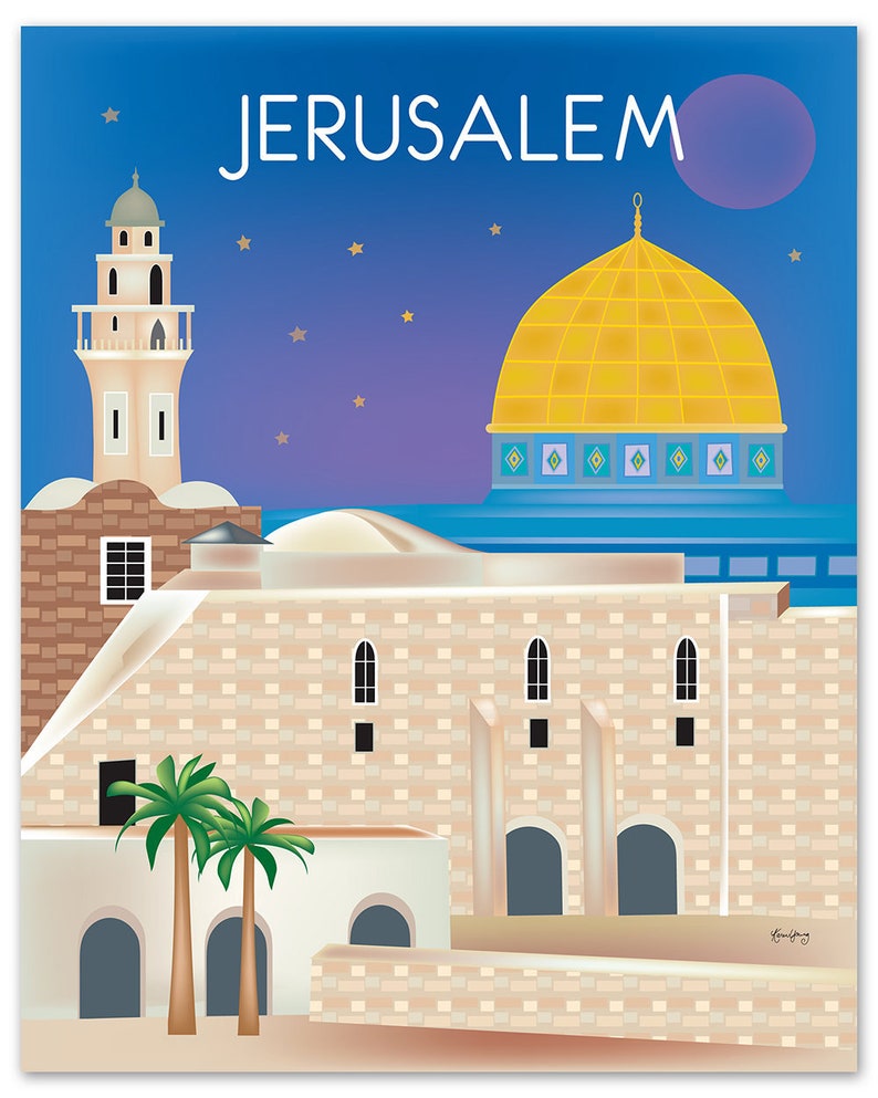 Peut inclure: Une illustration color&eacute;e du D&ocirc;me du Rocher &agrave; J&eacute;rusalem, avec un minaret en arri&egrave;re-plan et un croissant de lune dans le ciel. Le texte "JERUSALEM" est &eacute;crit en lettres blanches en haut de l'image.