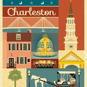 Charleston SC Art, Charleston SC map, Charelston sc skyline print, Charleston Rainbow Row art print, Charelston sc art style E8-O-CHARL image 2