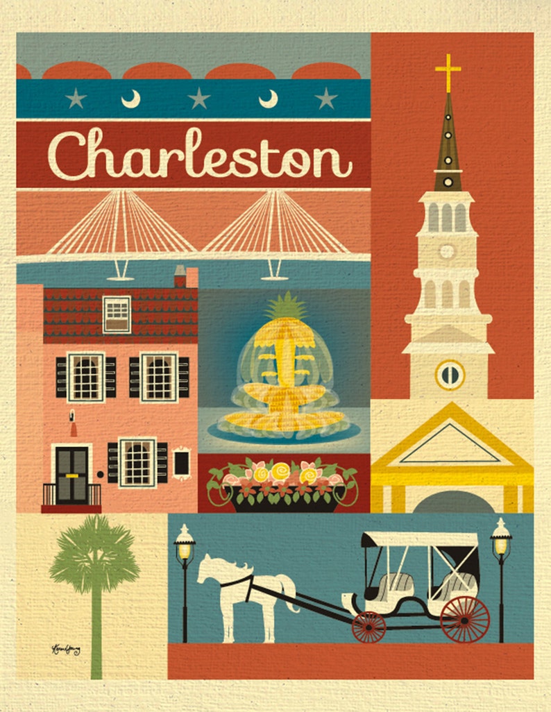 Charleston SC Art, Charleston SC map, Charelston sc skyline print, Charleston Rainbow Row art print, Charelston sc art style E8-O-CHARL image 2