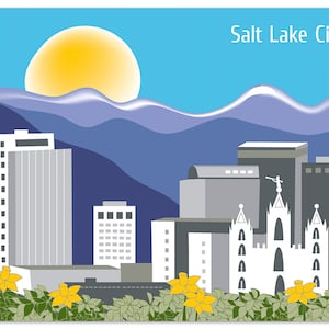 Salt Lake City Print, Salt Lake City Skyline, Utah Art Print, LDS Temple Wall Art, Salt Lake City  Horizontal Art Gift - style E8-O-SA