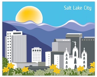 Salt Lake City Print, Salt Lake City Skyline, Utah Art Print, LDS Temple Wall Art, Salt Lake City  Horizontal Art Gift - style E8-O-SA