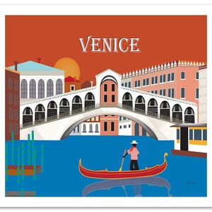 May include: A colorful illustration of Venice, Italy, featuring a gondola on a canal with the Rialto Bridge in the background. The illustration has a red, orange, and blue color scheme.
