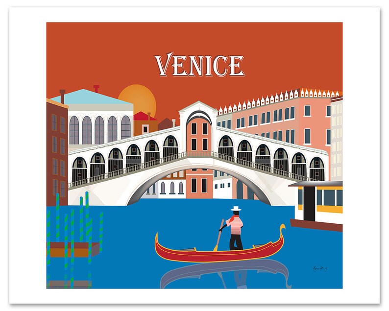 May include: A colorful illustration of Venice, Italy, featuring a gondola on a canal with the Rialto Bridge in the background. The illustration has a red, orange, and blue color scheme.
