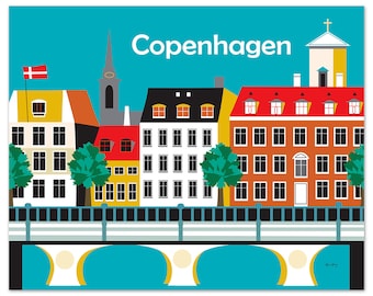 Copenhagen Denmark Print, Nyahvn Skyline, Copenhagen Wall Art, Denmark Retro Travel Poster, Danish Horizontal Print - style E8-O-COP