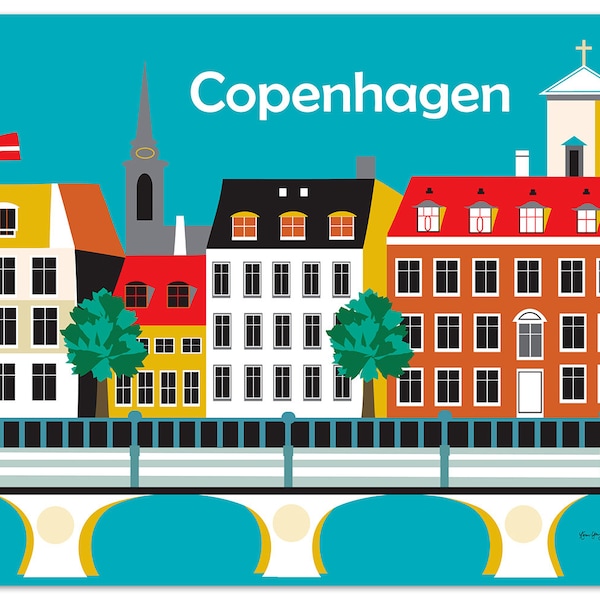 Copenhagen Denmark Print, Nyahvn Skyline, Copenhagen Wall Art, Denmark Retro Travel Poster, Danish Horizontal Print - style E8-O-COP