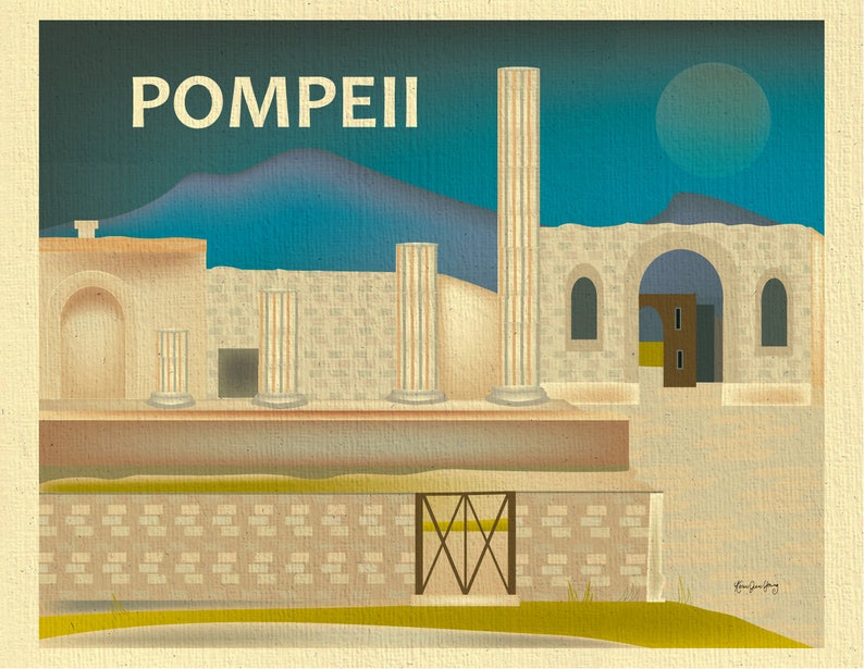 May include: A vintage-style illustration of the ruins of Pompeii, Italy. The image features a stone archway, columns, and a wall with a gate. The sky is blue with a white moon. The text "POMPEII" is written in large, bold letters at the top of the image.